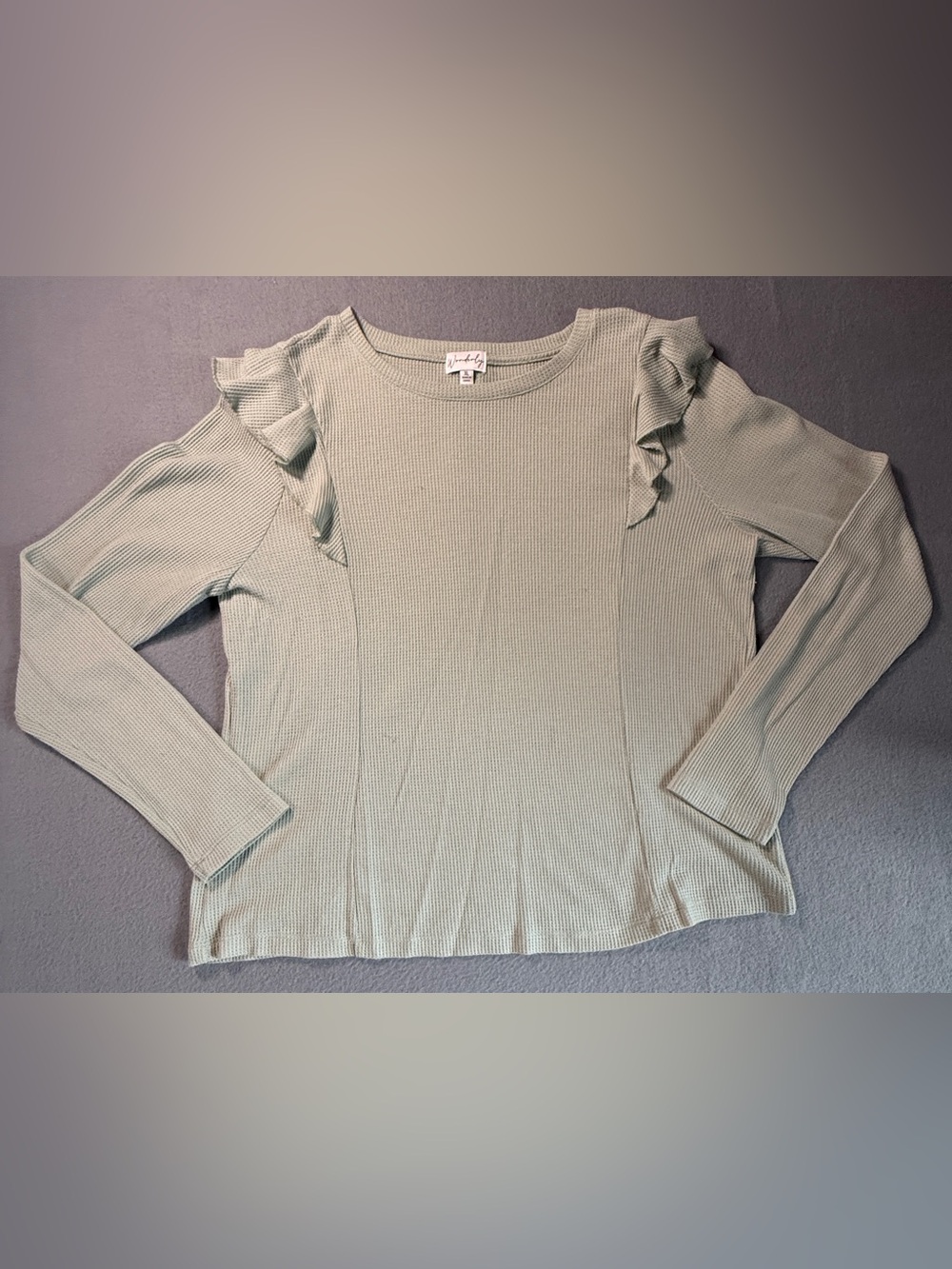 Wonderly Sage Green Ruffle-Trim Waffle Long Sleeve Top